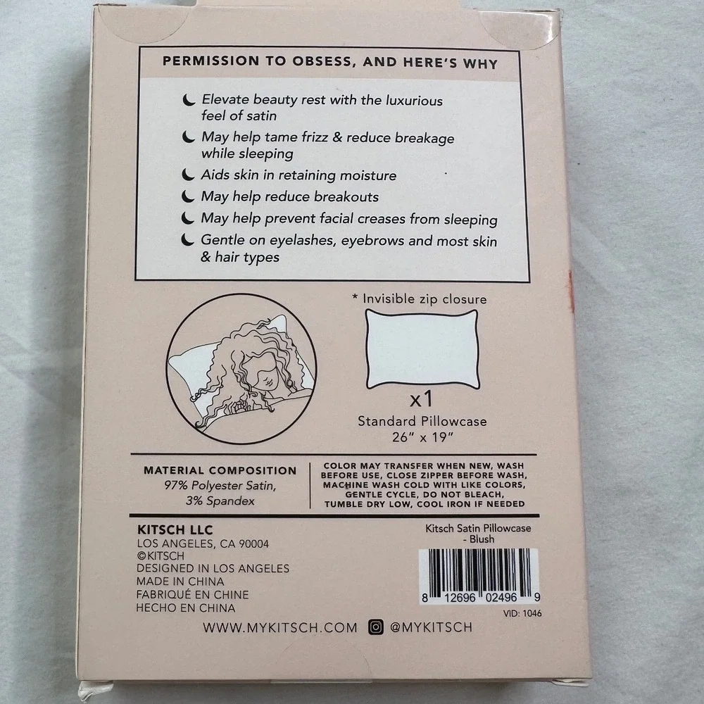 Kitsch Satin Pillowcase Standard Size Blush Pink Hair Skin Care 26x19 1PC NIB